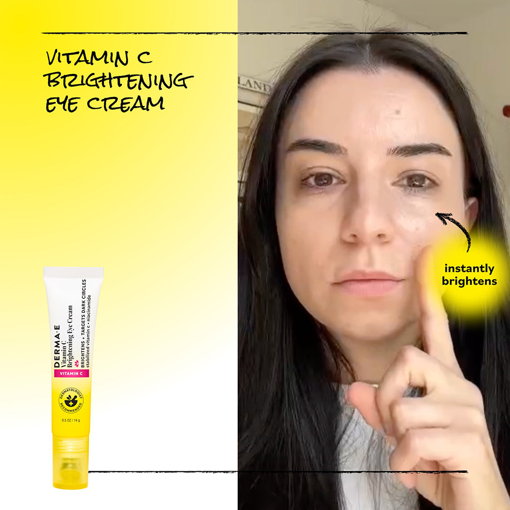 Woman applying eye cream with text 'Vitamin C Brightening Eye Cream' and a tube of the product on a yellow background.