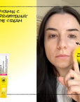 Woman applying eye cream with text 'Vitamin C Brightening Eye Cream' and a tube of the product on a yellow background.