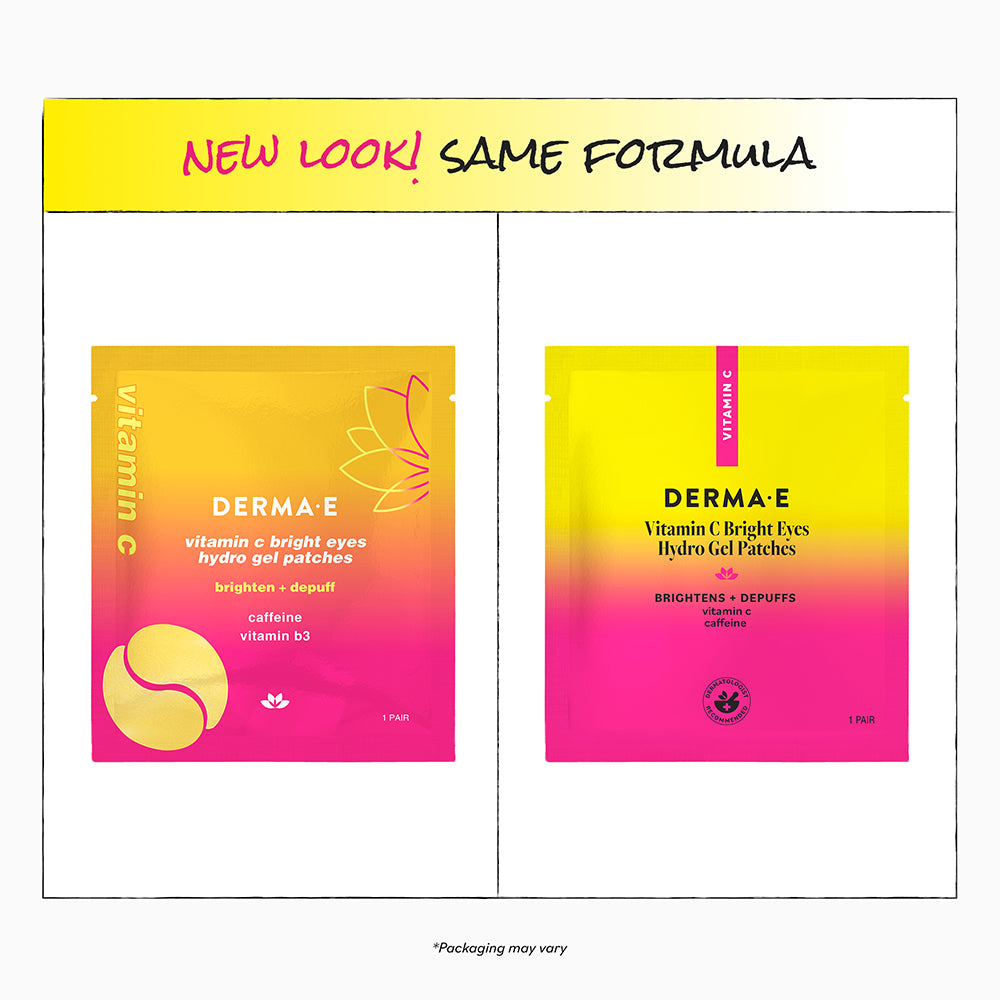 Two Derma E Vitamin C Bright Eyes Hydro Gel Patches with a yellow and pink gradient on a white background.