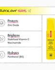 Yellow bottle of Derma E sunscreen with text detailing its benefits on a white background