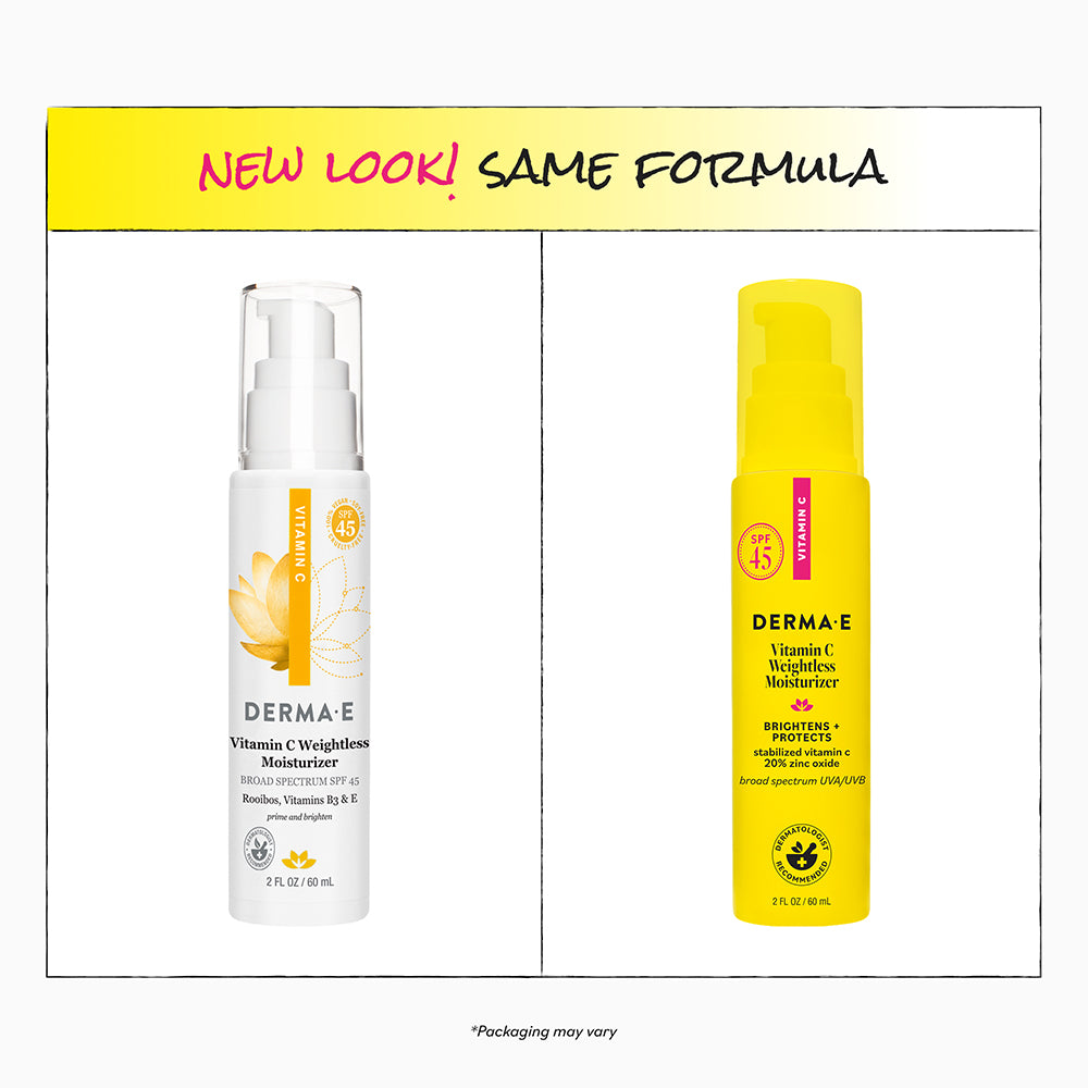 Two Derma E skincare products with a yellow banner above them.
