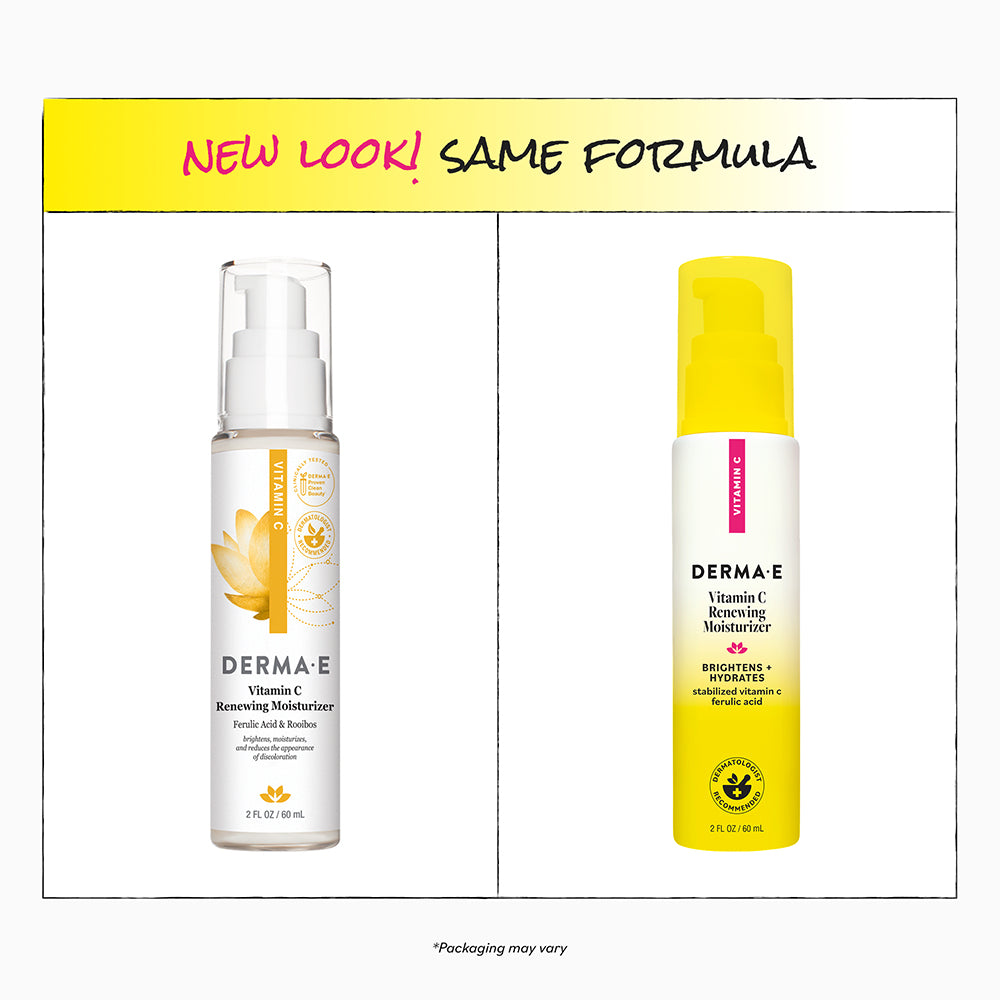 Two bottles of Derma E Vitamin C Renewing Moisturizer with a yellow banner above them.