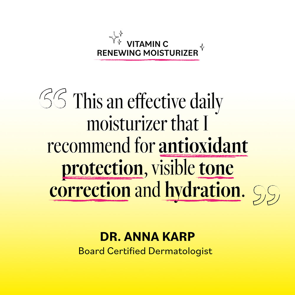 Advertisement for Vitamin C Renewing Moisturizer with text about its benefits and a dermatologist's recommendation.