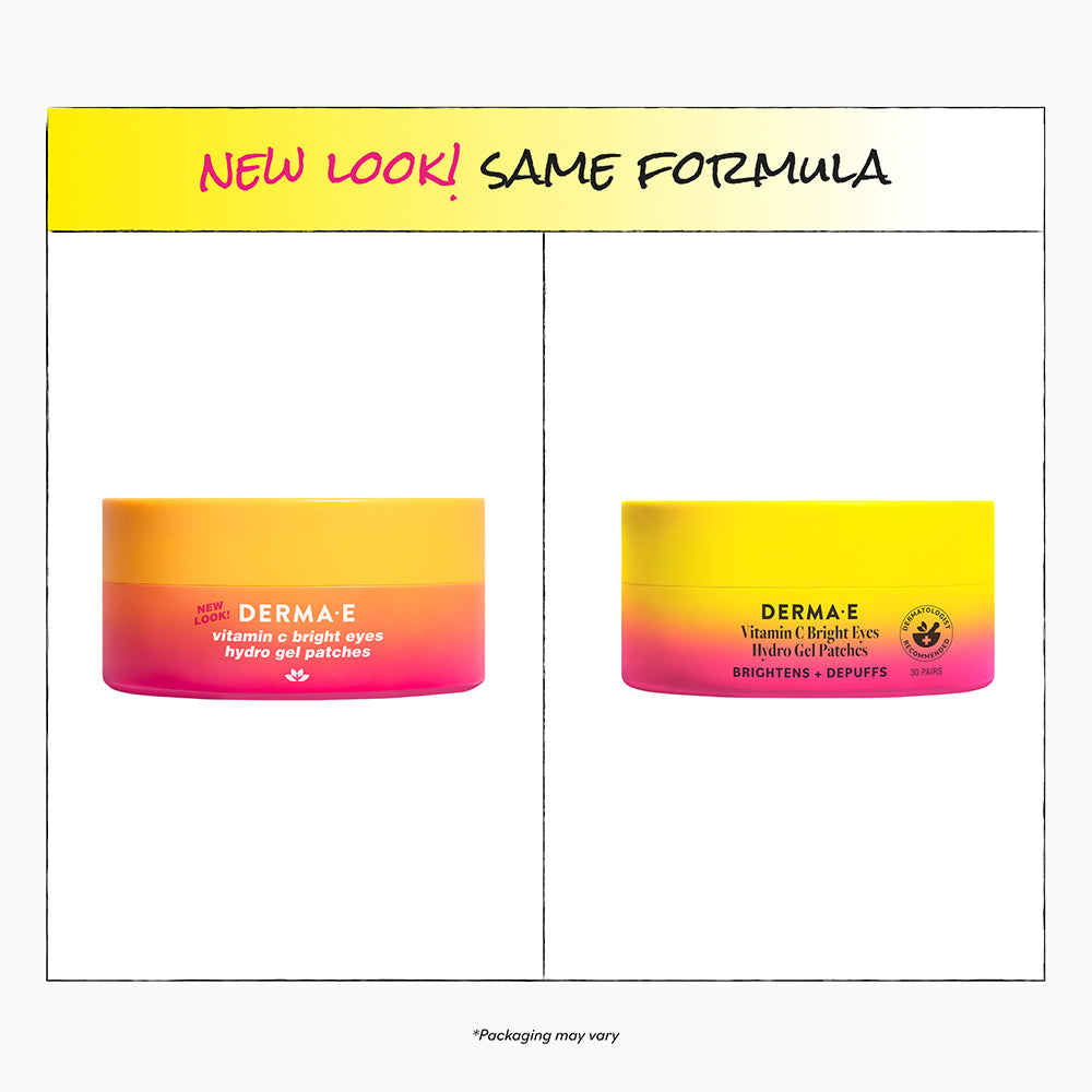 Two jars of Derma E Vitamin C Bright Eyes Hydro Gel Patches with a yellow and pink gradient on a white background.