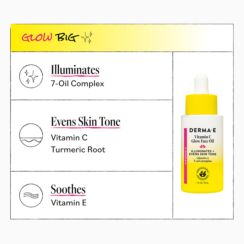 Derma E Vitamin C Glow Face Oil with product details on a white background