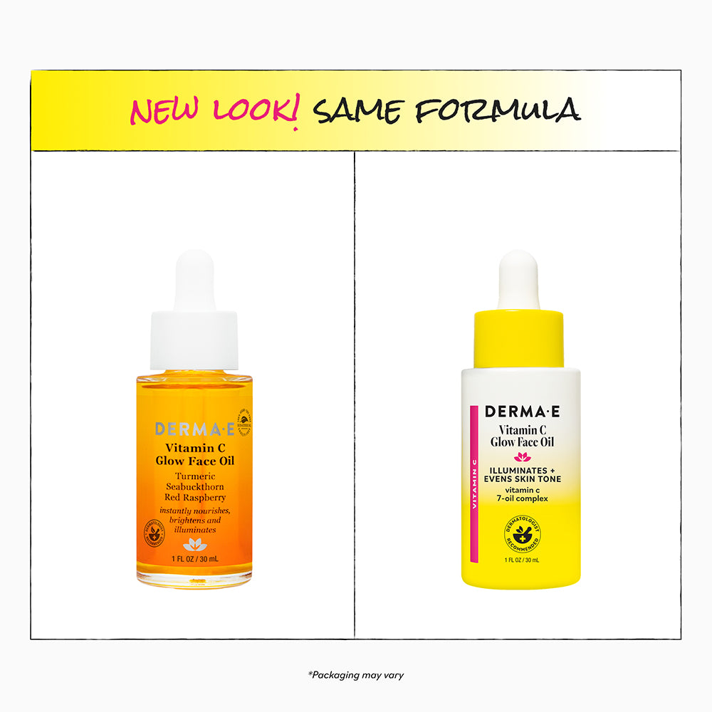 Two bottles of Derma E Vitamin C Glow Face Oil with a yellow and orange design on a white background.
