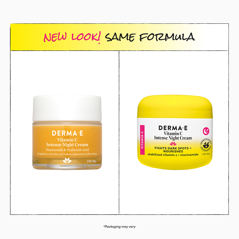 Two jars of Derma E Vitamin C Intense Night Cream with a yellow label on a white background.