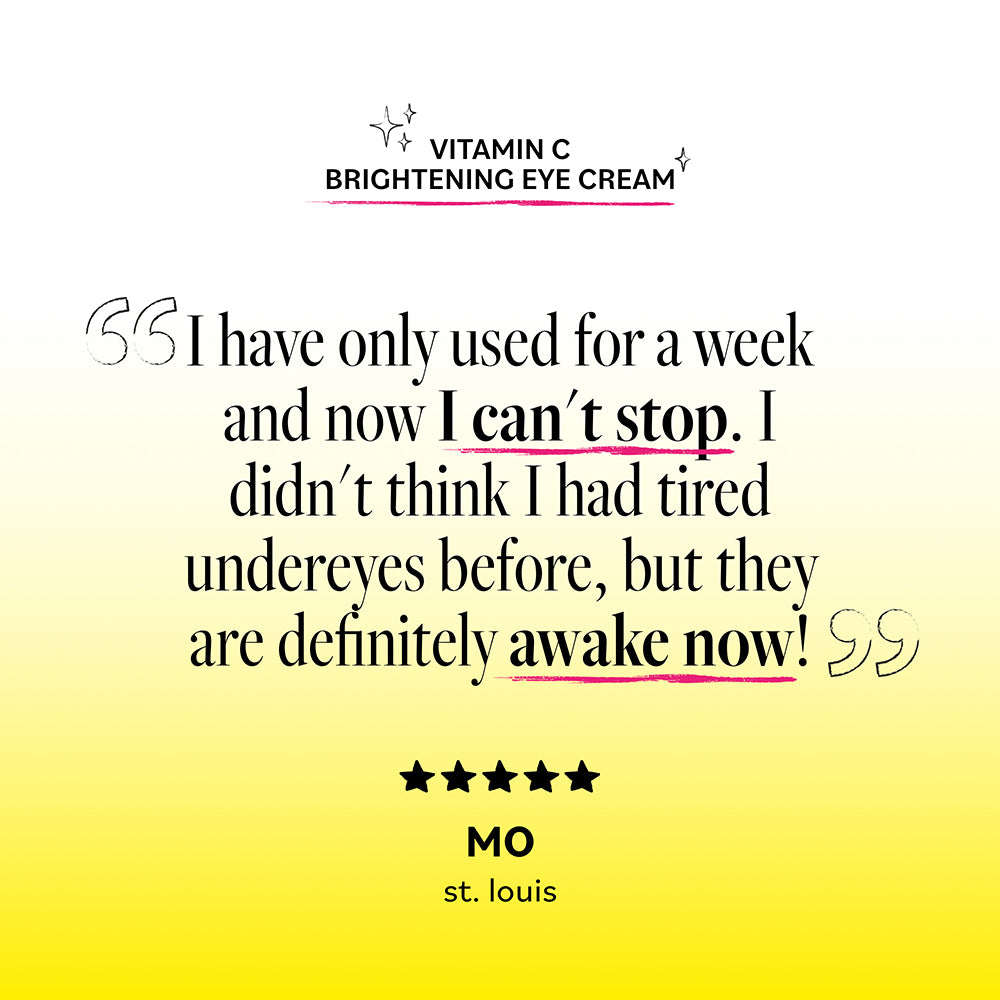 Product advertisement for Vitamin C Brightening Eye Cream with customer review on a gradient background