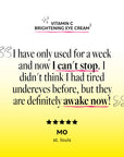 Product advertisement for Vitamin C Brightening Eye Cream with customer review on a gradient background