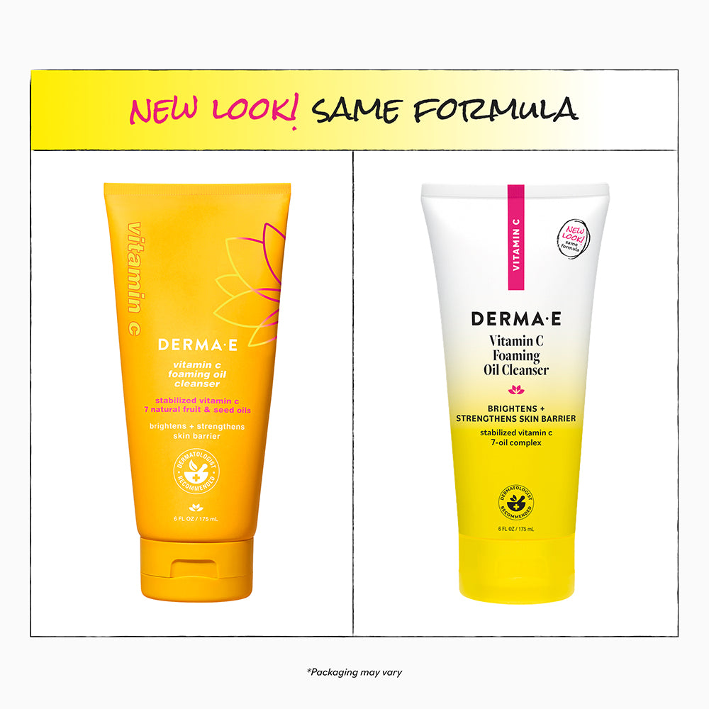 Two Derma E skincare products with a 'New Look! Same Formula' label.