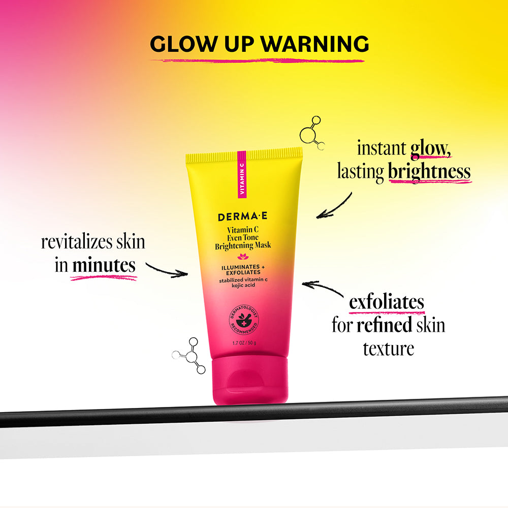 Derma E Vitamin C Radiance Mask with text highlighting benefits on a gradient background