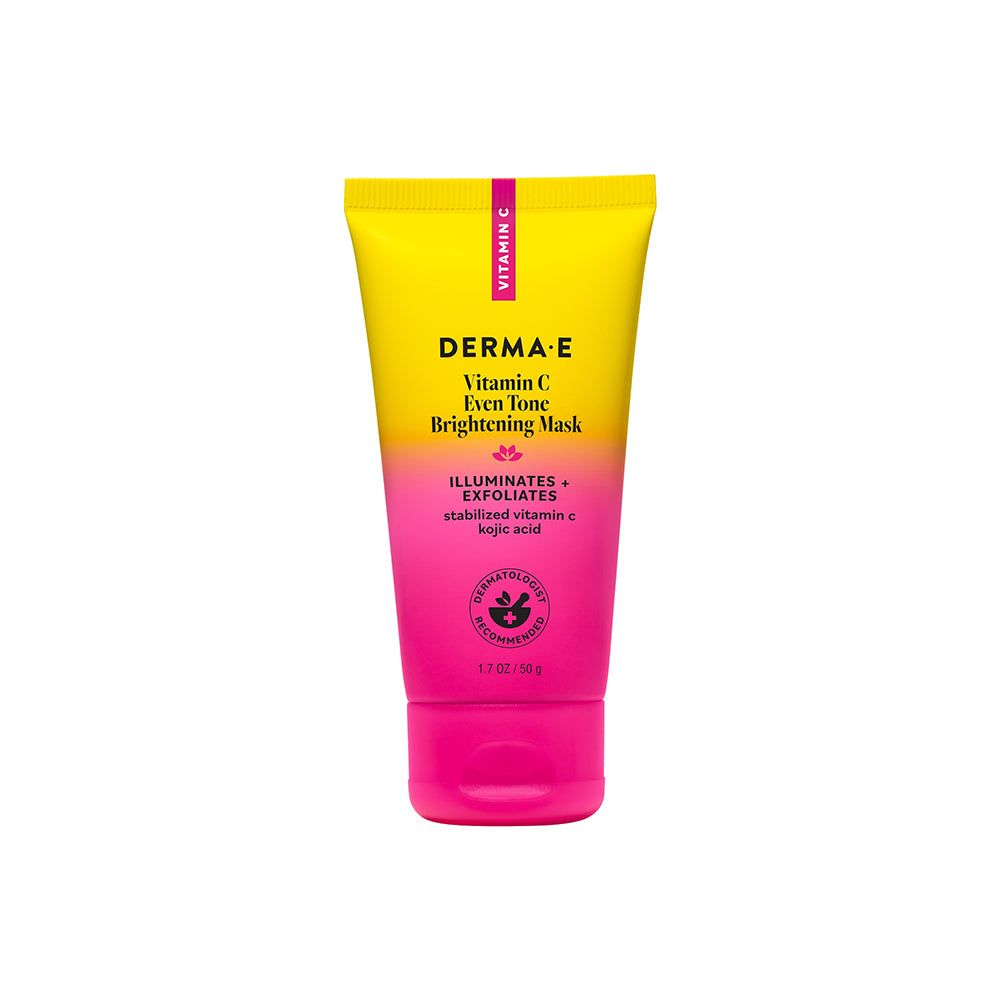 Derma E Vitamin C Even Tone Brightening Mask tube with yellow and pink gradient on a white background