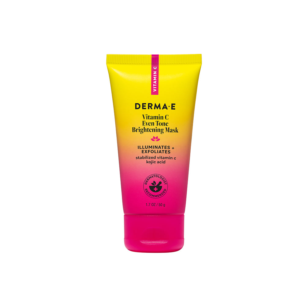 Tube of Derma E Vitamin C Even Tone Brightening Mask with yellow and pink gradient on a white background