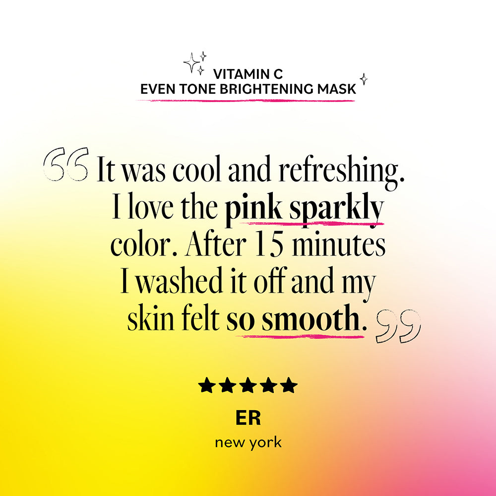 Product review for a vitamin C even tone brightening mask with a pink sparkly color on a gradient background.