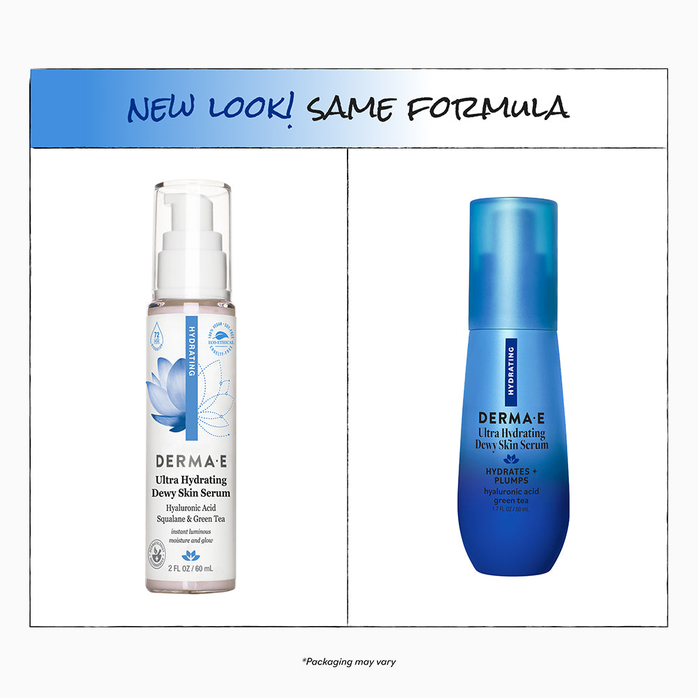 Two bottles of Derma E Ultra Hydrating Dewy Skin Serum with text indicating 'New Look! Same Formula'.