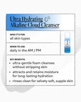 Product label for Ultra Hydrating Alkaline Cloud Cleanser with text and a small bottle icon.
