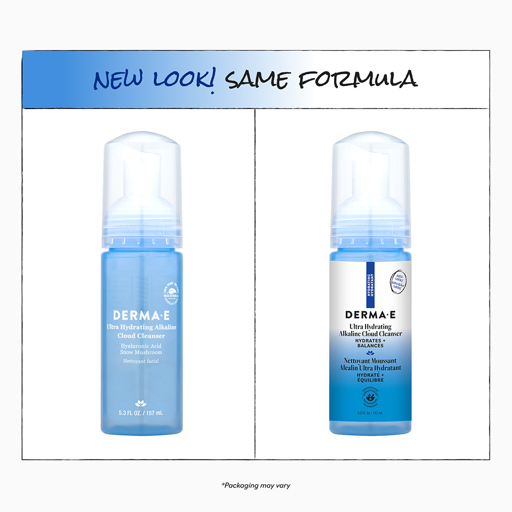 Two bottles of Derma E cleanser with a blue label on a white background.