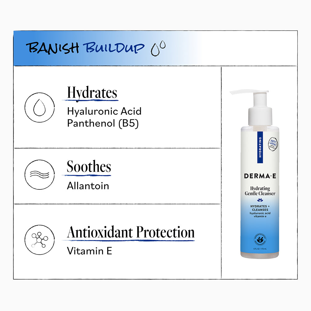 Derma-E hydrating gentle cleanser with benefits listed on a white background