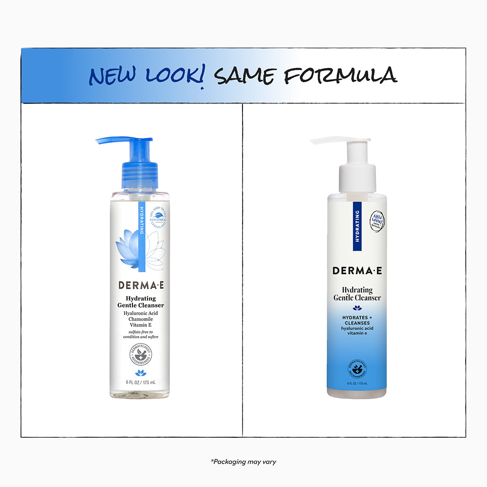 Two bottles of Derma E Hydrating Gentle Cleanser with a blue label on a white background.