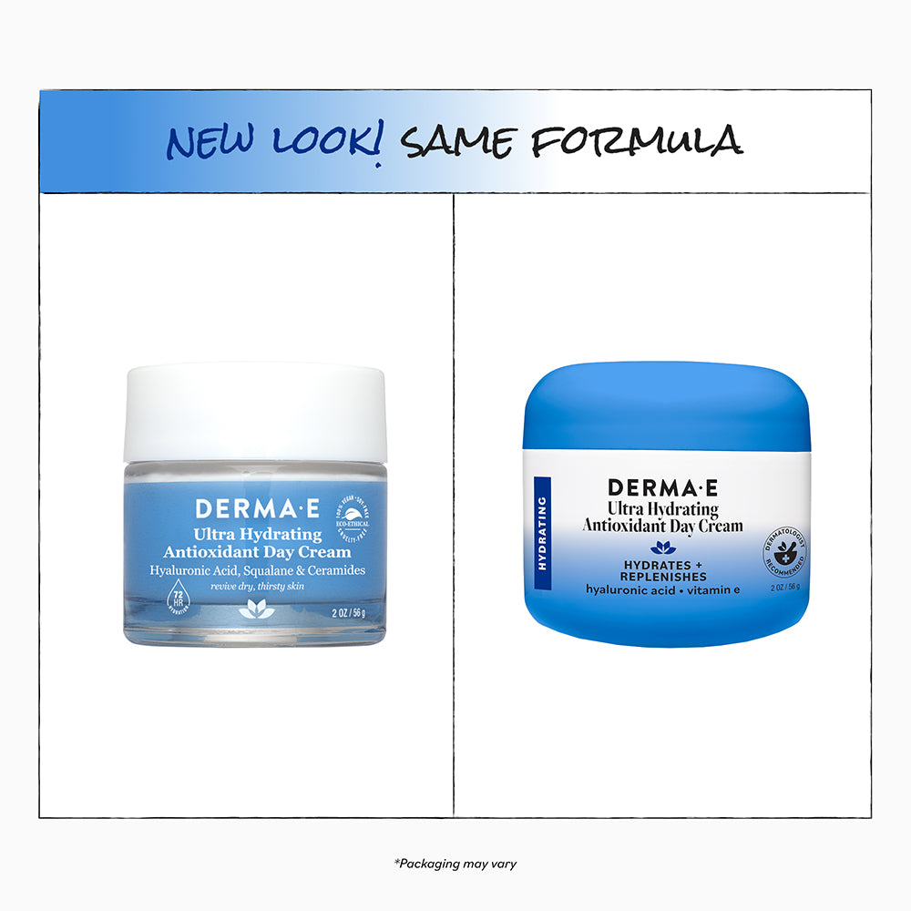 Two jars of Derma E Ultra Hydrating Antioxidant Day Cream with a blue label on a white background.