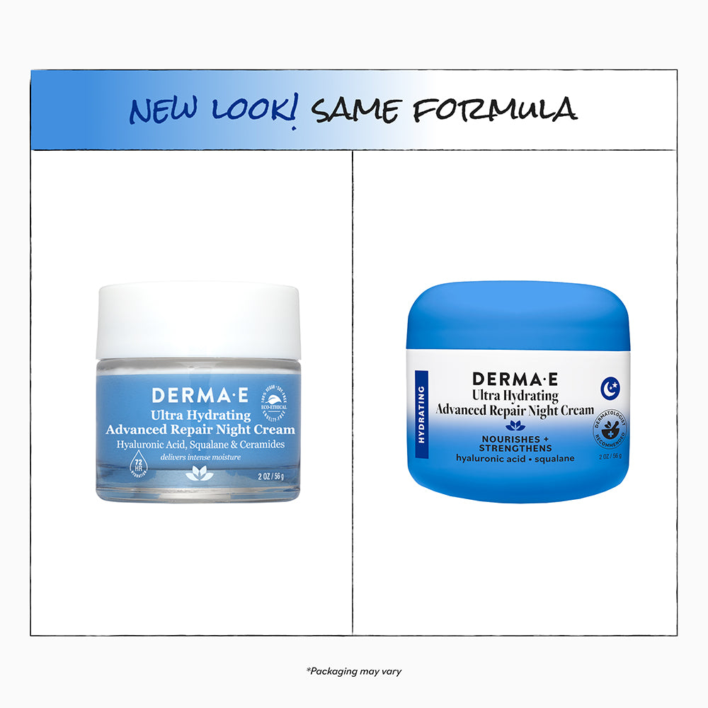 Two jars of Derma E Ultra Hydrating Advanced Repair Night Cream with a blue label on a white background.
