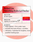 Product packaging for Retinol Line Smoothing Hydro Gel Patches with text on benefits and usage.
