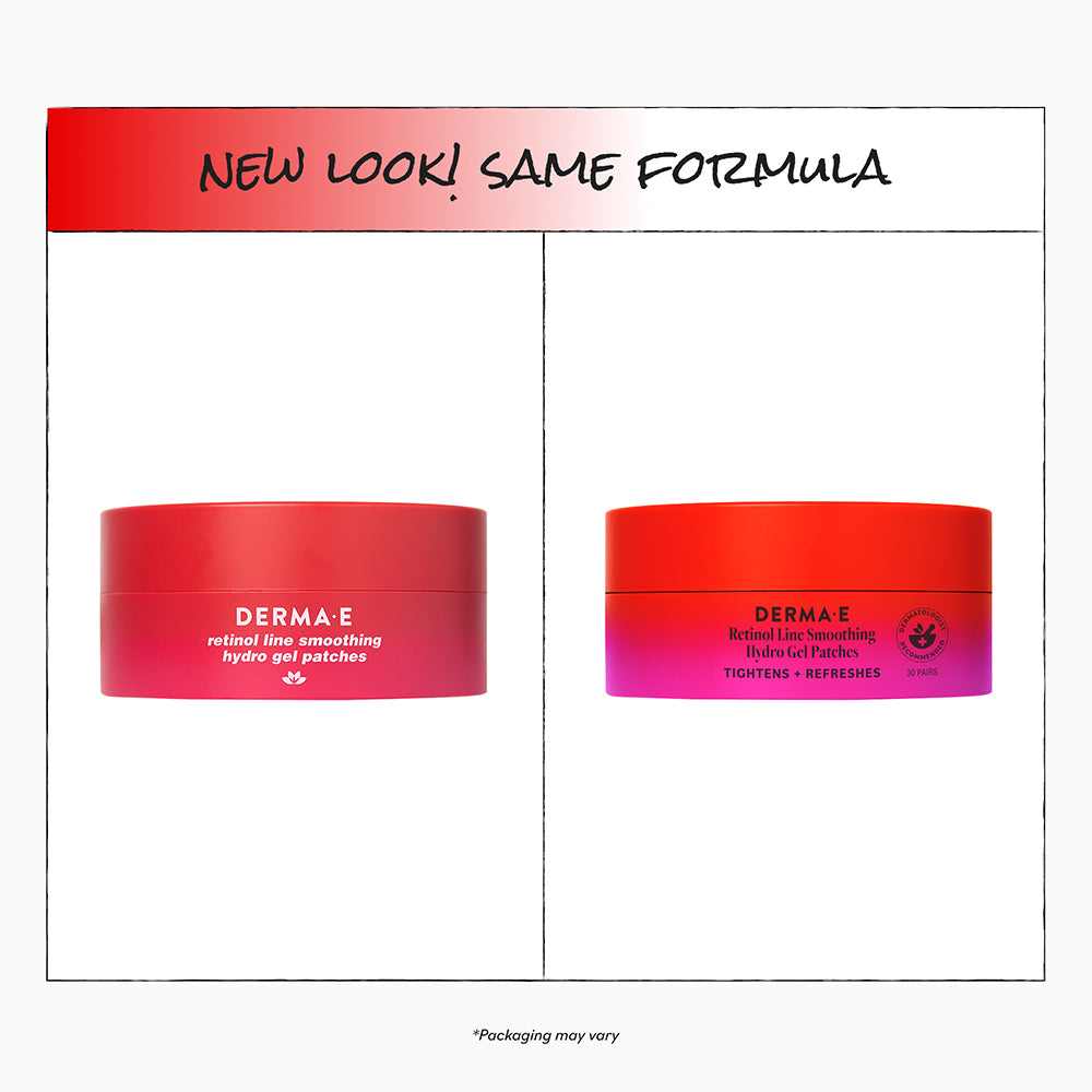 Two red containers with gradient labels on a white background, featuring the brand 'DERMA E'.