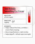 Anti-wrinkle smoothing eye cream packaging with key features and benefits.