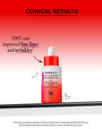 Red and white skincare bottle with clinical results text on a red background