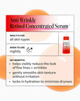Anti-wrinkle retinol concentrated serum packaging with text and product image.