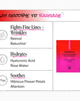 Product packaging with text highlighting features and ingredients, including a pink and red package.
