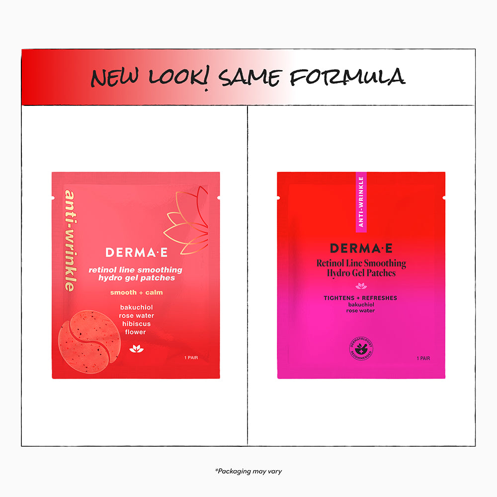 Two DERMA-E hydro gel patch packages with a red and pink gradient on a white background.