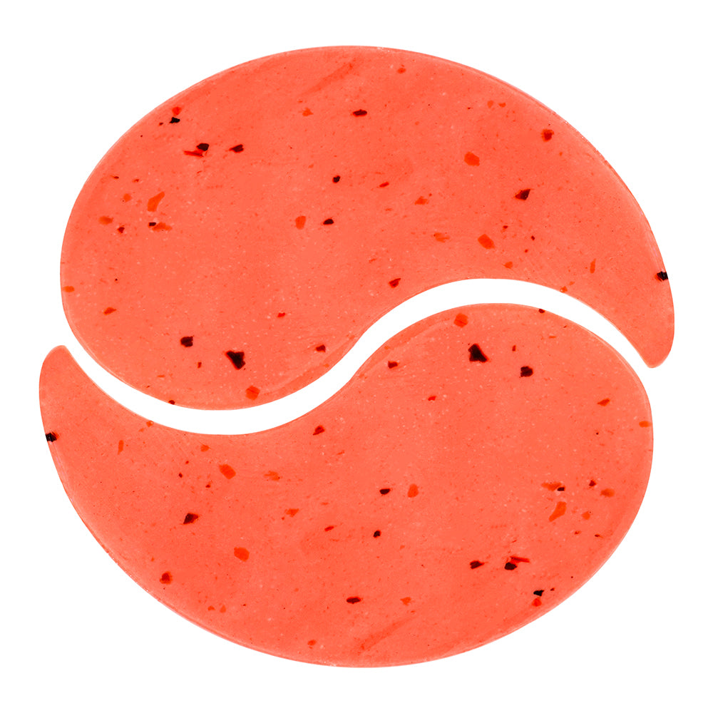 Red tennis ball with white lines on a white background