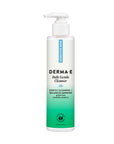 A bottle of DERMA-E Daily Gentle Cleanser with a white pump dispenser and a white-to-green gradient label, shown on a plain white background.