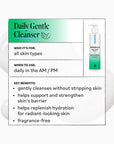 A product information card for Derma E Daily Gentle Cleanser, featuring a white bottle with a green and white label, alongside text detailing who it is for, when to use, and key benefits.