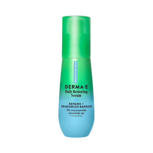 DERMA-E Daily Restoring Serum in a 1.7 fl oz bottle, featuring a vibrant green cap and a gradient body transitioning from green to light blue, on a solid white background.