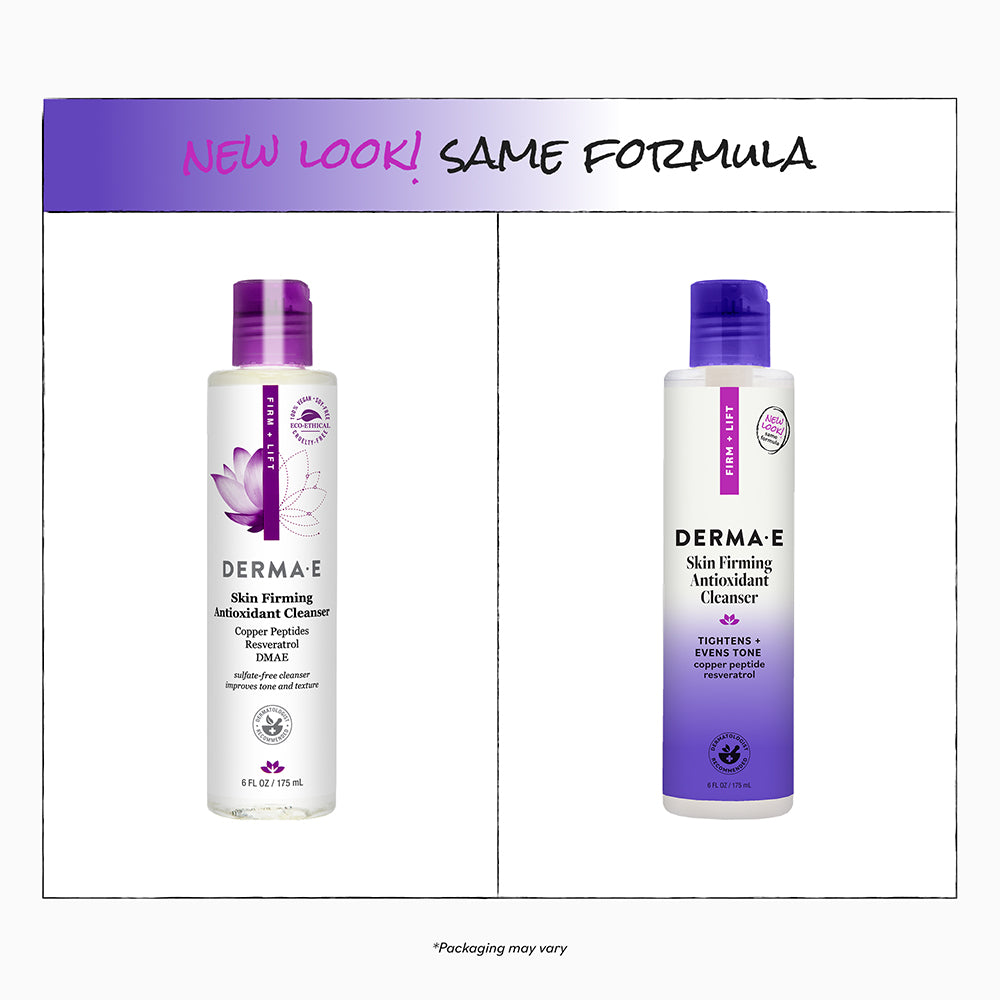 Two bottles of Derma E Skin Firming Antioxidant Cleanser with purple caps on a white background.