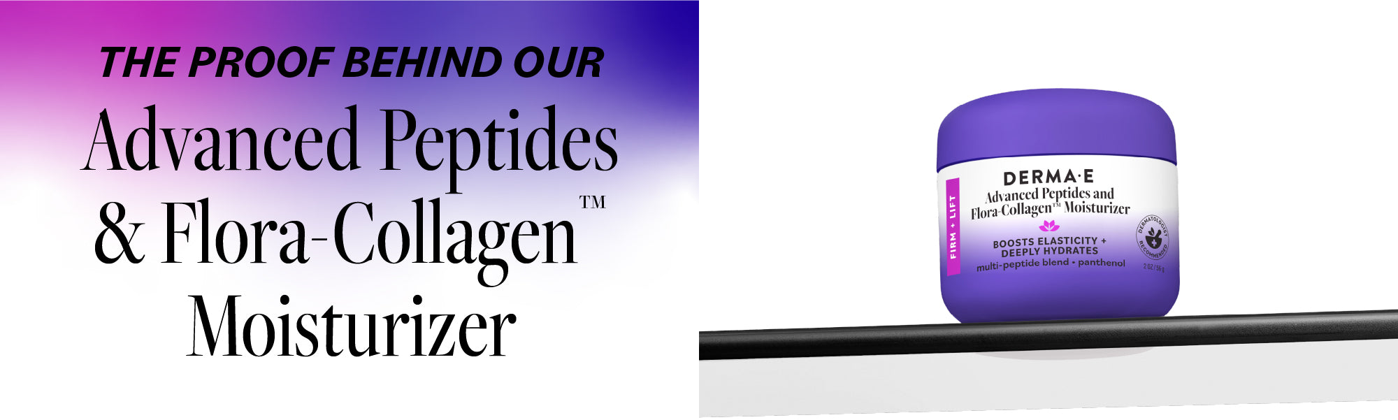 Derma E Advanced Peptides & Flora-Collagen Moisturizer with text about its ingredients on a white background.