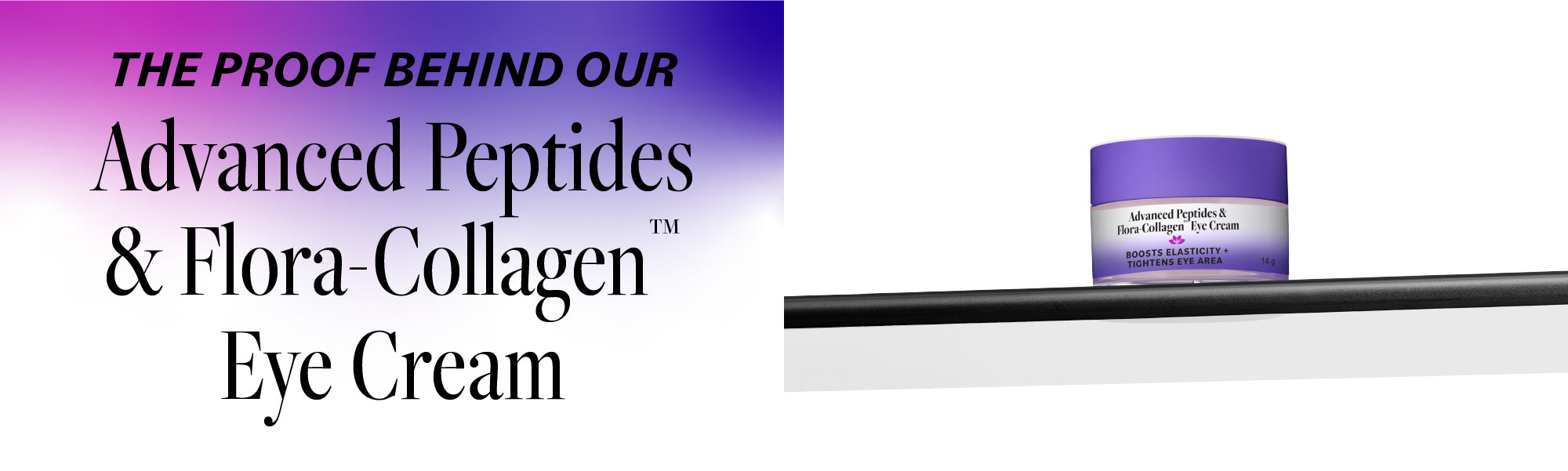 Eye cream jar with text about advanced peptides, flora-collagen, and proof behind the product.
