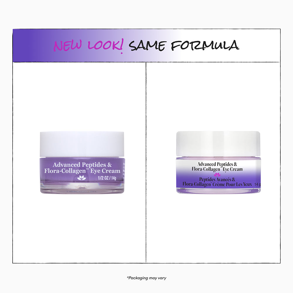 Two containers of Advanced Peptides &amp; Flora-Collagen Eye Cream with a purple label on a white background.