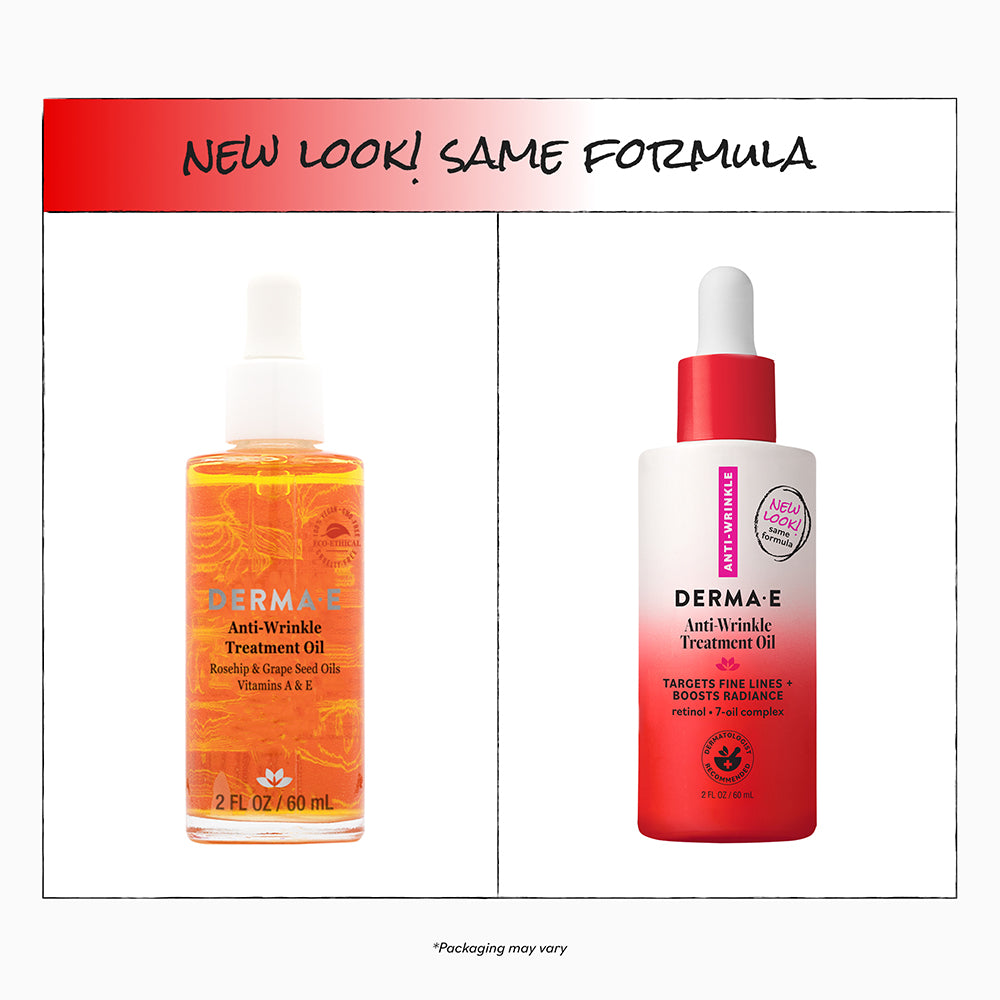 Two bottles of Derma-E Anti-Wrinkle Treatment Oil with a red and white label on a white background.