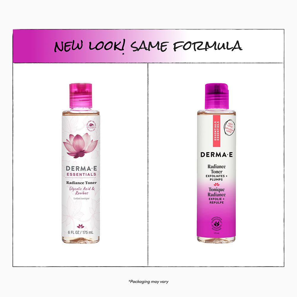 Two Derma E Radiance Toner bottles with pink lotus flowers on a white background.