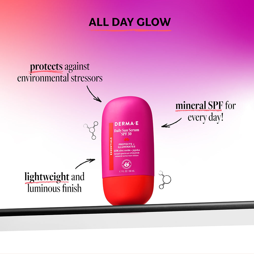 Derma E Daily Sun Serum SPF 30 mineral sunscreen with lightweight luminous finish, protecting skin against environmental stressors for all-day glow.