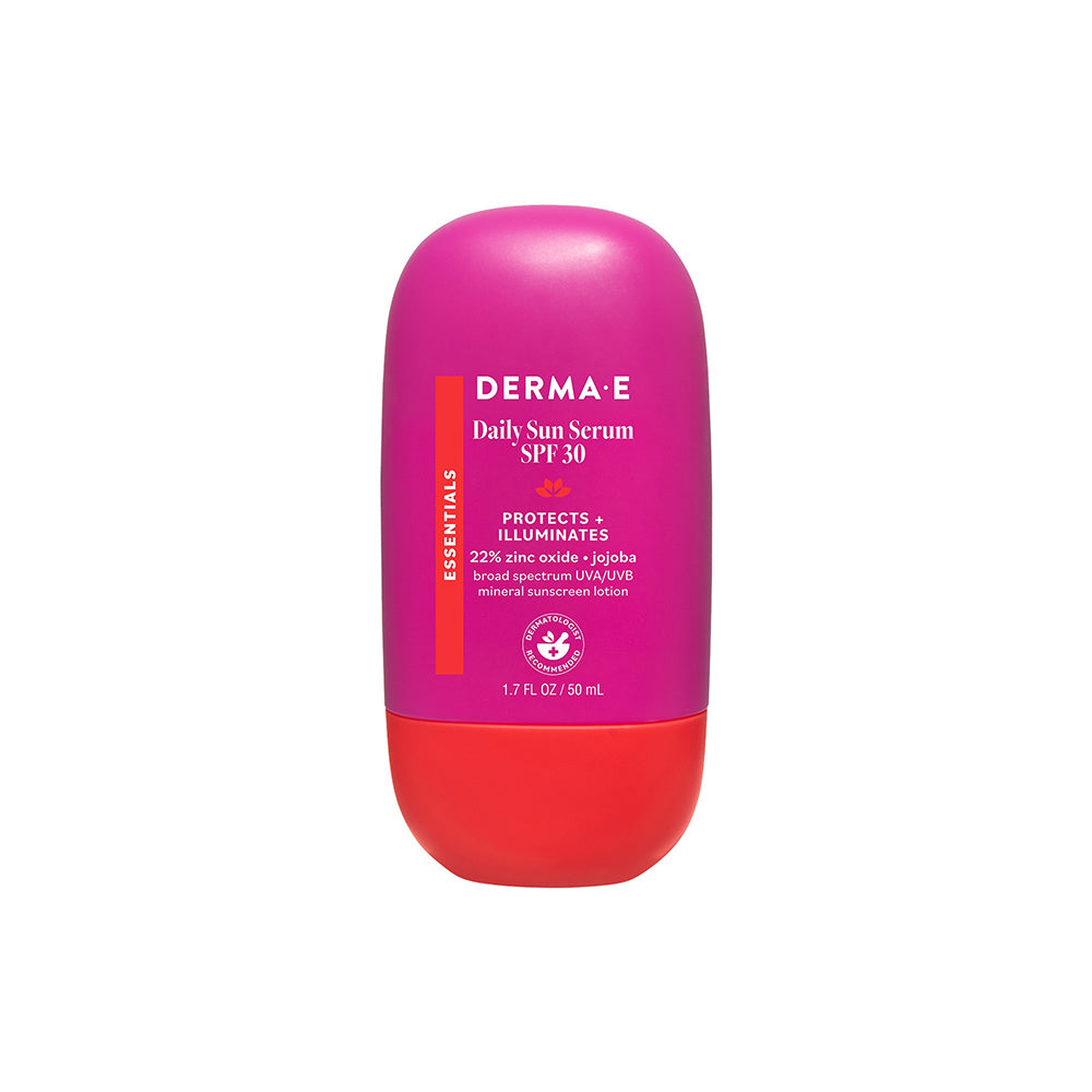 Derma E Daily Sun Serum SPF 30 mineral sunscreen bottle offering broad-spectrum zinc oxide protection with a nourishing, luminous finish.