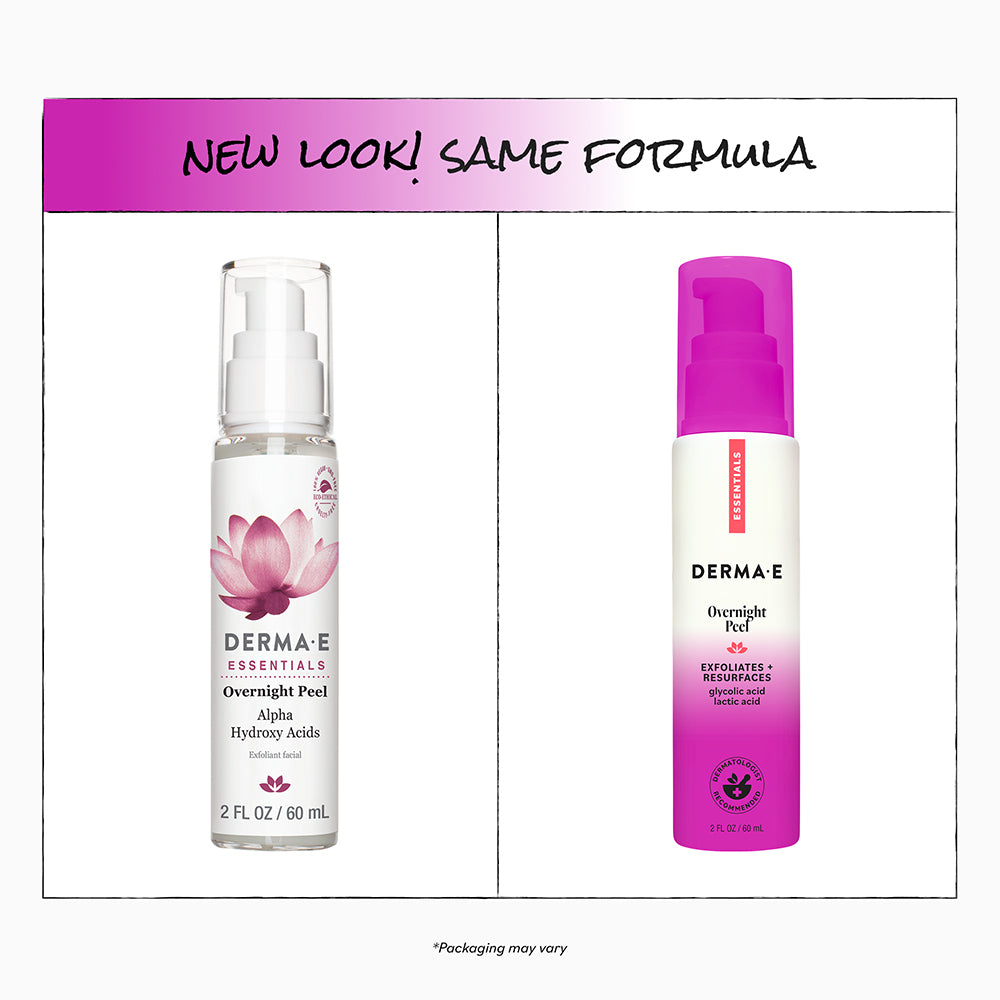 Two bottles of Derma E Overnight Peel with a pink and white design on a white background.