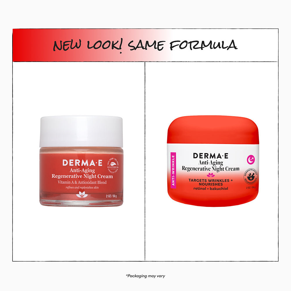 Two jars of Derma E anti-aging regenerative night cream with a red and white label.