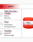 Product packaging with text detailing benefits and ingredients of a skincare cream.