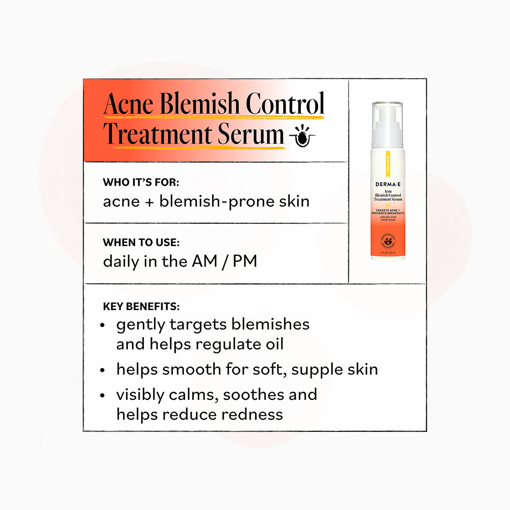 Acne blemish control treatment serum with product details on a white background