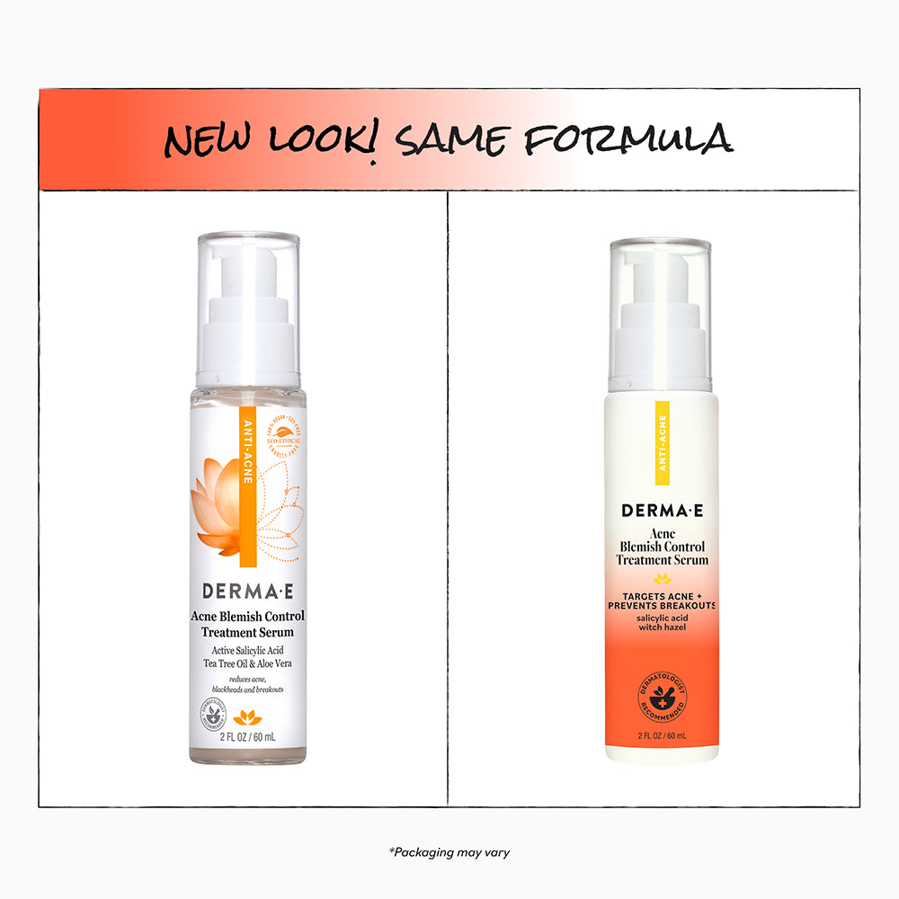 Two Derma E acne treatment serums with a 'New Look! Same Formula' banner.