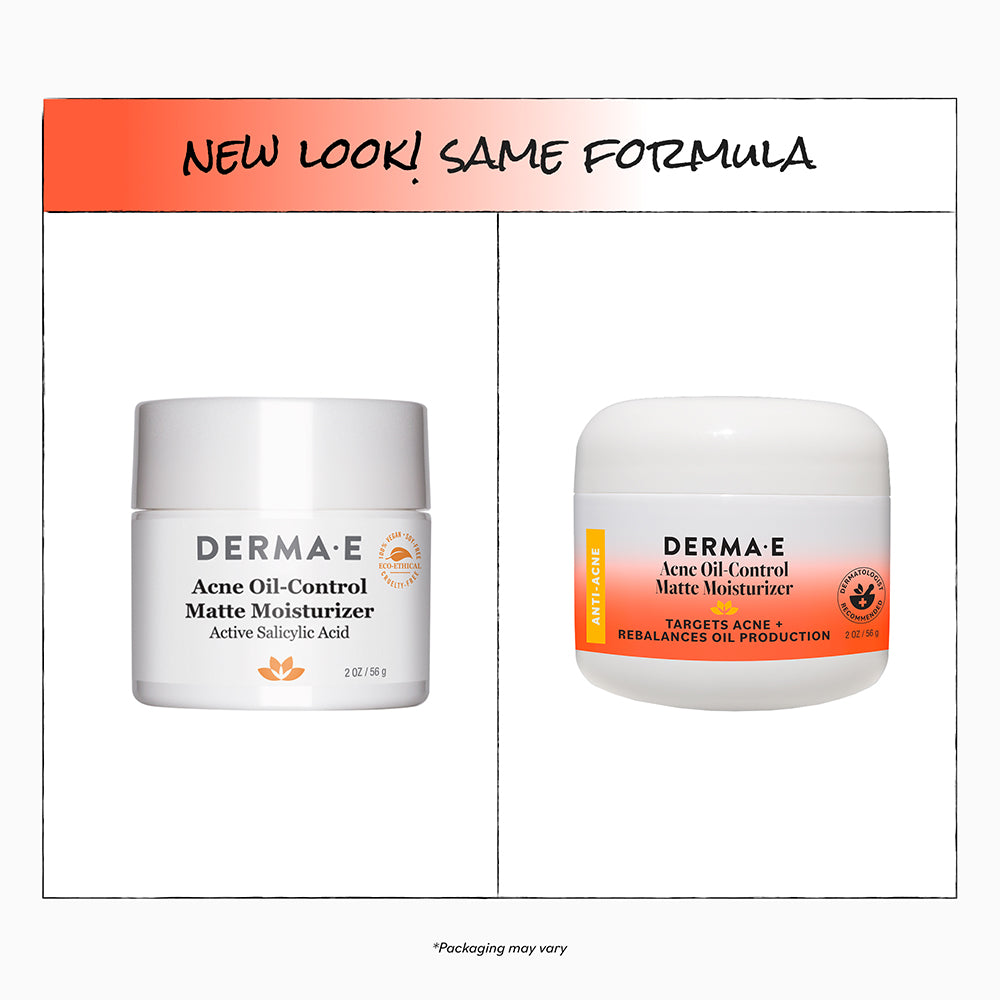 Two jars of Derma-E Acne Oil-Control Matte Moisturizer with a 'New Look! Same Formula' label.